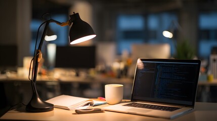 A developer's workstation with an empty notebook and coffee mug under soft desk lamp lighting.