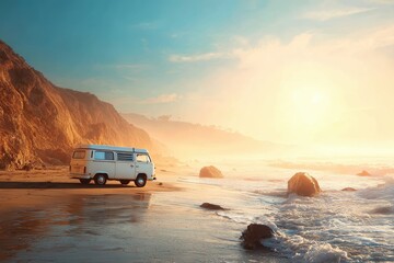 Wall Mural - Scenic beach view featuring a vintage van resting on the shore at sunset, capturing the serene beauty of natures coastline