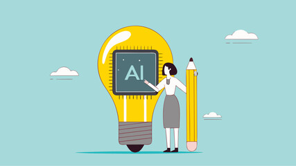Introduction to AI, artificial intelligence to help and support work success, AI as the control center, innovation to change business, business woman presents light bulb idea with AI chip