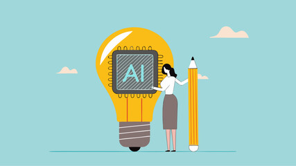 Introduction to AI, artificial intelligence to help and support work success, AI as the control center, innovation to change business, business woman presents light bulb idea with AI chip