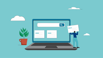 website development, create an online business site, build landing page homepage layouts for business growth, businessman bring web banner icons to build online site on computer laptop screen