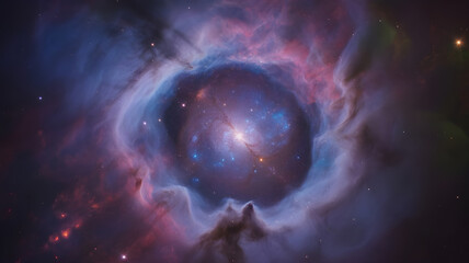 Vibrant cosmic nebula with swirling purple, pink, and blue clouds, bright stars, glowing particles, ultra-realistic space background