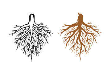 roots system in black and brown, tree roots silhouette shapes isolated design elements. vector illus