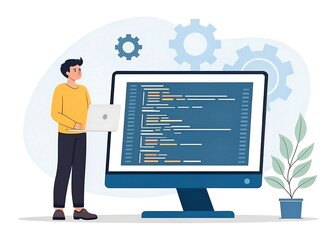 Developer Character Beside a Big Computer Screen Flat Illustration