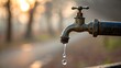 © Володимир Виповський - Water drips from an old faucet against a soft morning light in a tranquil outdoor setting