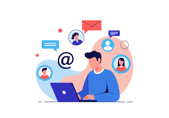 Man connecting with colleagues online using laptop for email and social network communication