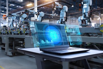 Smart factory using AI with robots and digital twin technology with augmented reality interface on laptop