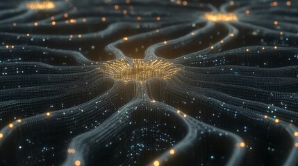 Glowing neural network visualization digital realm concept art futuristic environment aerial view artificial intelligence