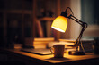 © peni - realistic photo of a lit study desk lamp on a wooden desk, warm yellow light, surrounded by books, a laptop and a coffee mug, cozy night-time ambience, blurred background, cinematic mood