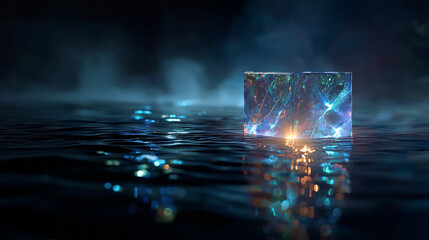 Wall Mural - mystical cube in neon waters: a mesmerizing display of vibrant blue and gold light dance within a gl
