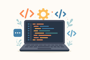 Computer programming vector concept. Laptop with code on screen. Web development, software engineering, and coding. Flat illustration for website, app development, technology.