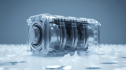 A transparent device with internal components on a textured white surface background 