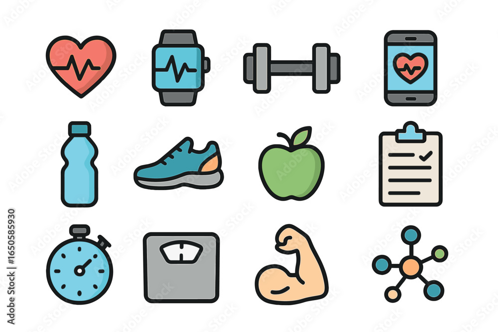 Fitness and health flat icon collection. Vector symbols for gym workout ...