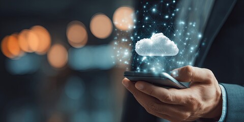 Wall Mural - secure cloud data transfer concept with businessman using smartphone to manage digital information w