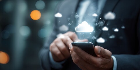 Wall Mural - secure cloud data transfer concept with businessman using smartphone to manage digital information w