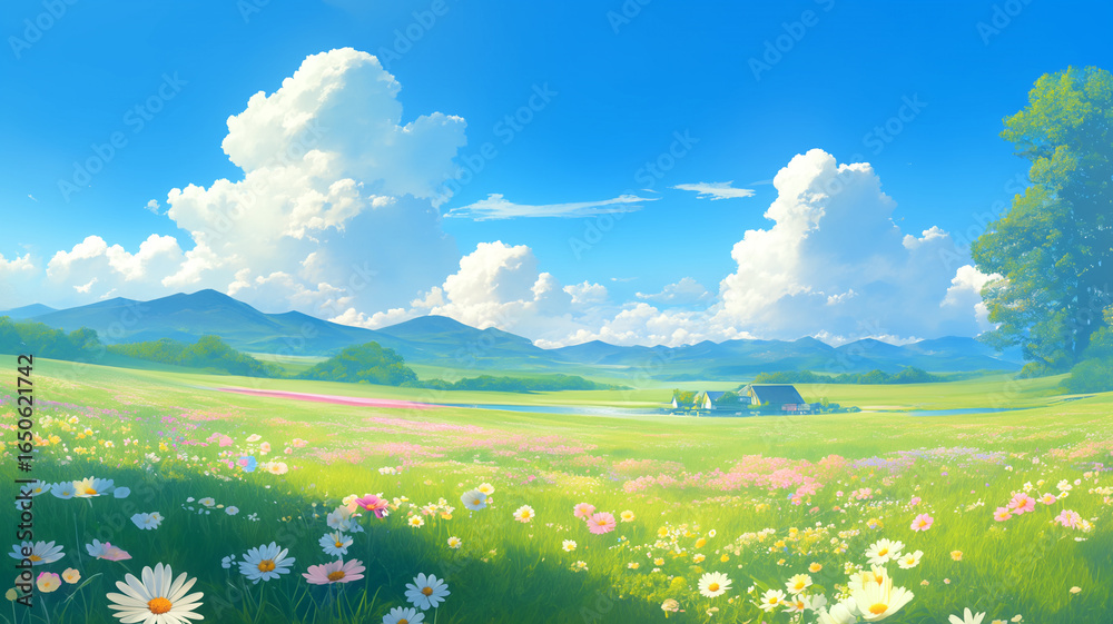 ファンタジーを感じさせる花畑と澄んだ青空が広がるアニメ風イラスト