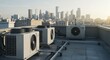 © indra - Air conditioning units on a rooftop with a city skyline in the background.