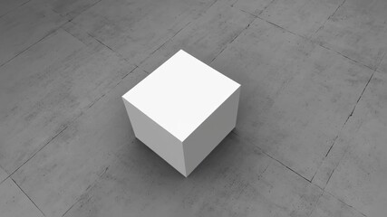 Abstract white cube standing on grey concrete background, presentation, illustration