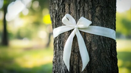 Wall Mural - white ribbon tied around tree trunk in sunlit forest