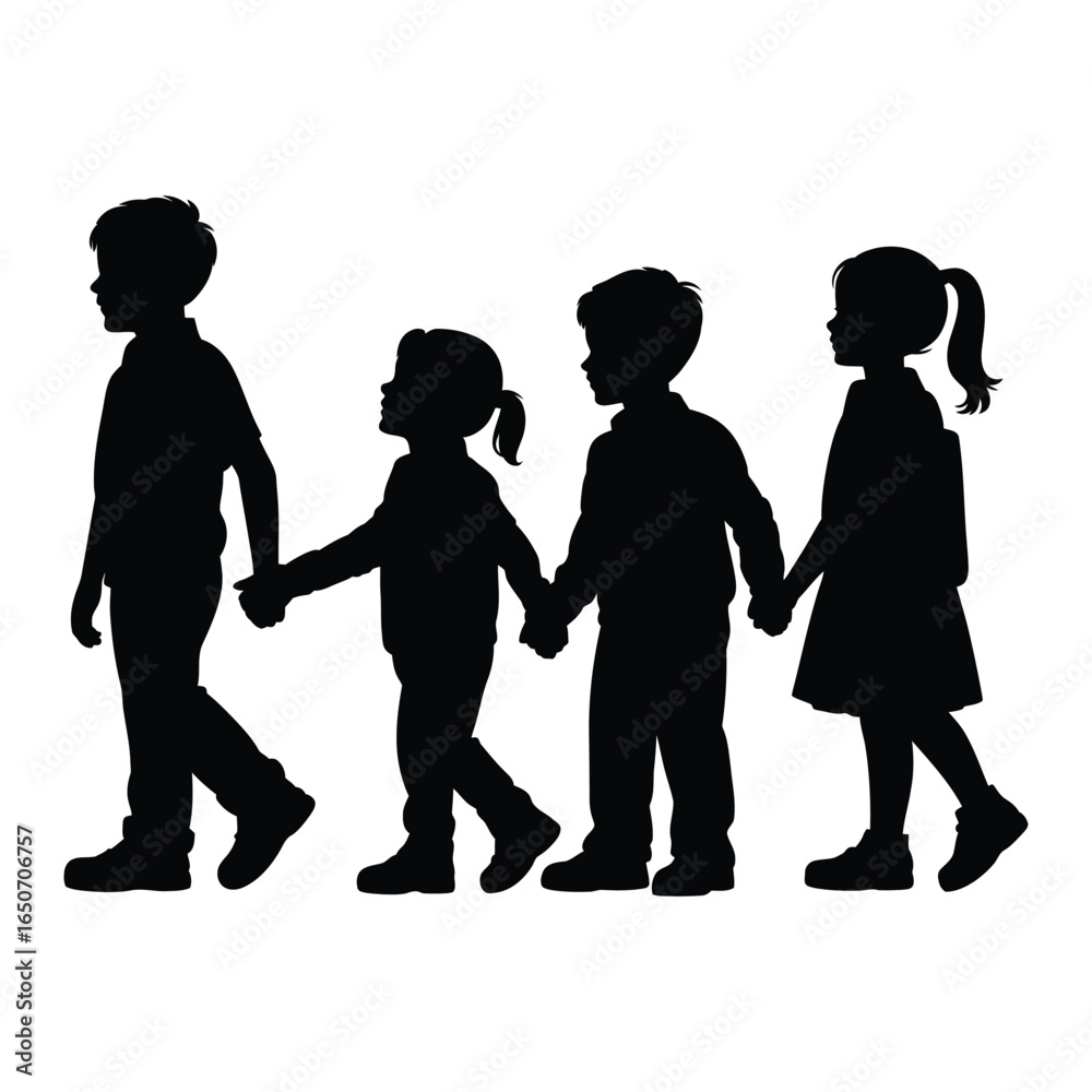 Children Holding Hands Silhouette, Vector, Illustration, Outline, Line ...