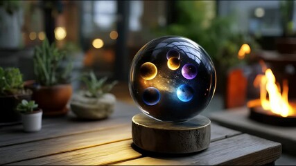 Wall Mural - glass sphere with lighting and planets in space stands on a wooden base on an outdoor table