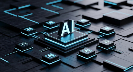 AI symbol on a layered dark platform with neon blue accents, representing artificial intelligence, technology, and futuristic innovation