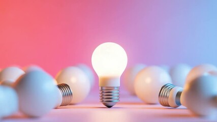 Wall Mural - innovative concept of light bulb among white eggs on a soft color background with pink and blue hues