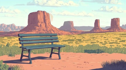 Wall Mural - A view of a bench with a view of buttes in the afternoon. 4K animated video