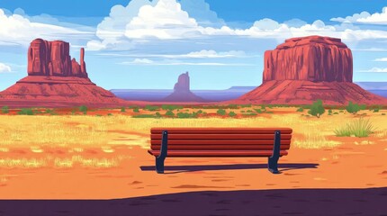 Wall Mural - A view of a bench with a view of buttes. 4K animated video