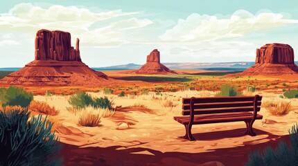 Wall Mural - A view of a bench with a view of buttes. 4K animated video