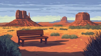 Wall Mural - A view of a bench with a view of buttes in the afternoon. 4K animated video