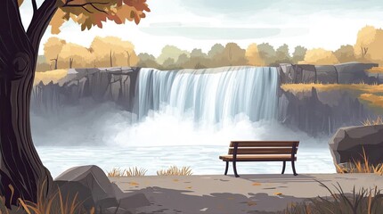 Wall Mural - A view of a bench with a view of a waterfall. 4K animated video