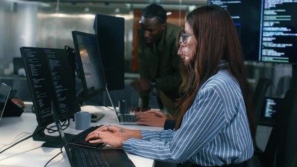 In Co-working Office Space. Professional Female Software developer Programmer Working on Laptop computer, Typing on keyboard Writing code, saas Platform, Development Software Application, Ai prompt.