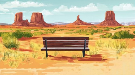 Wall Mural - A view of a bench with a view of buttes in the afternoon. 4K animated video