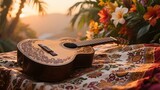 Acoustic guitar resting on a patterned cloth with vibrant flowers and a sunset backdrop
