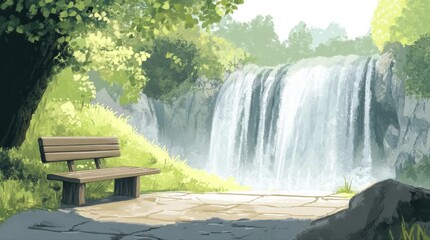 Wall Mural - A view of a bench with a view of a waterfall in the afternoon. 4K animated video