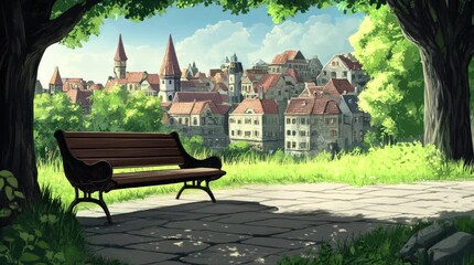 Wall Mural - A view of a bench with a view of a fantasy city in the afternoon. 4K animated video
