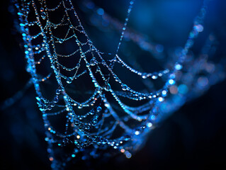 Spiderweb dew drops morning nature photography close up macro detailed intricate dark blue background