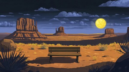 Wall Mural - A view of a bench with a view of buttes and the moon in the evening. 4K animated video