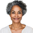 © UMPH.CREATIVE - Confident mature woman, gray curly hair, smiling, natural makeup, white shirt, studio portrait