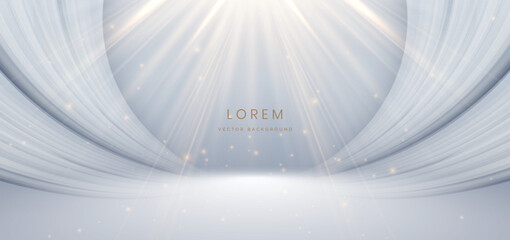 Wall Mural - modern white curved rays on grey background and gold lighting effect sparkle.