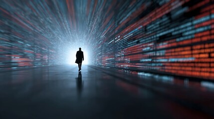 Walking Through a Futuristic Data Tunnel with Glowing Lines and Silhouette