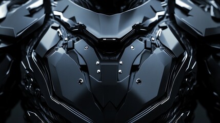 Futuristic 3d illustration of metallic technological plating with black cyber armor design, close-up of sci-fi robot or spaceship surface featuring neon highlights and abstract graphic texture in the 