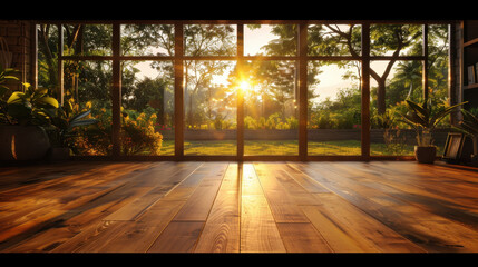 Wall Mural - Serene interior scene featuring wooden floor and large windows that showcase beautiful sunset. warm sunlight filters through trees, creating peaceful atmosphere filled with greenery