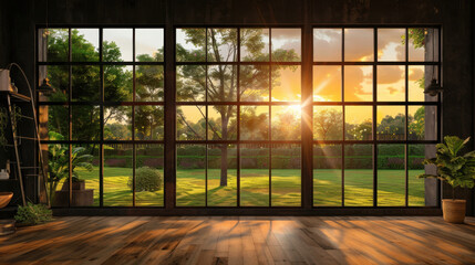 Wall Mural - Beautiful view of sunset through large windows, showcasing lush green garden with trees and plants. warm sunlight creates serene atmosphere, enhancing natural beauty of scene