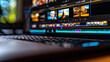 © buraratn - Editing software interface displayed laptop screen, showcasing timeline with video clips and audio tracks. vibrant colors and organized layout create engaging atmosphere for video editing