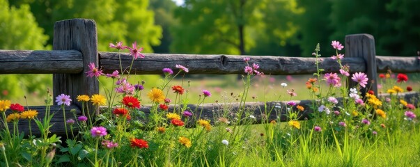 Wall Mural - Abundant wildflowers spilling over a rustic fence, vibrant blooms and lush greenery , meadow, foliage