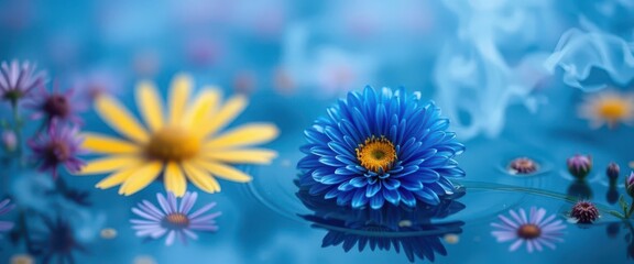 Wall Mural - A single blue chrysanthemum floats in water, overlaid with indigo smoke and blurred aster flowers, background, teal, blue