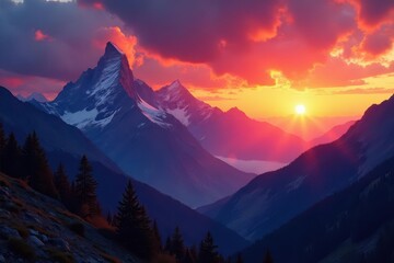 Wall Mural - Fiery sunset paints epic mountain peaks, shadows lengthen across valleys , photo, sunset, photography