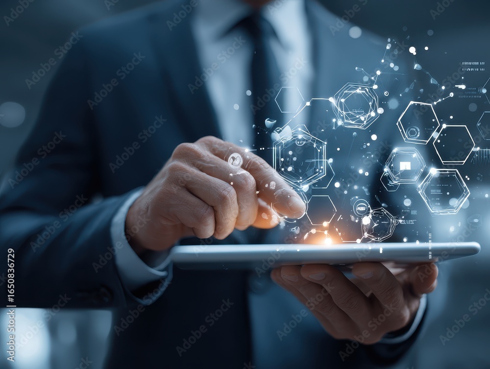 Businessman using tablet to drive AI powered business transformation in ...